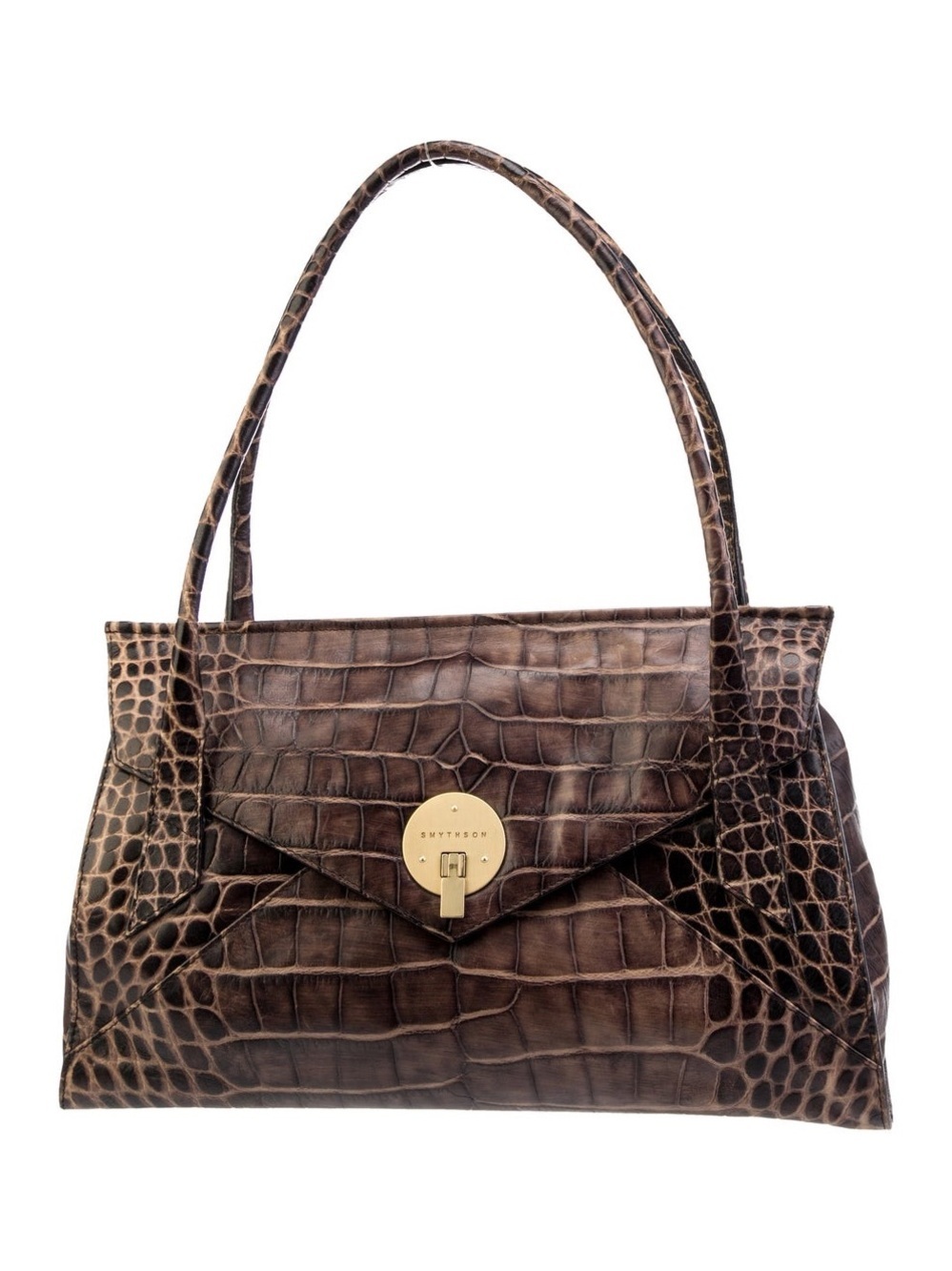 Smythson Brown Croc Embossed Top Handle Shoulder Bag Gold Hardware Leather